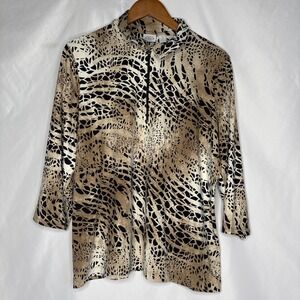 Zenergy By Chico's Womens 3 Animal Print Golf 1/4 Zip 3/4 Sleeve Sequin Shirt